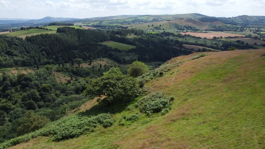 Earls and Pontesford Hill, Shropshire, Slide Drone Shot,