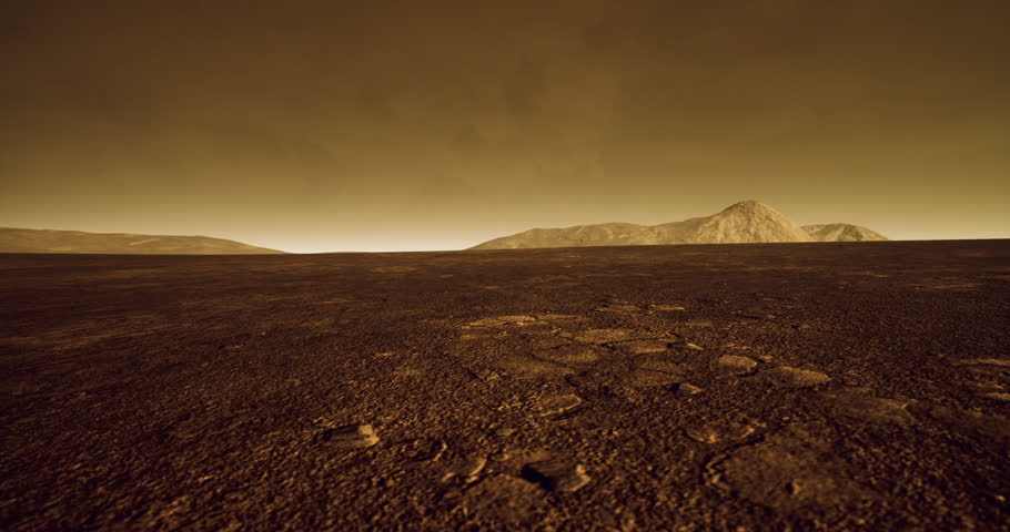 This mesmerizing view captures the rocky surface of Venus under a thick, hazy atmosphere, featuring distant mountains and an otherworldly landscape bathed in a yellowish hue.