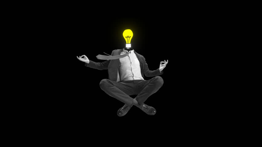 Funny meditation. Young manager or clerk dreaming at office. Contemporary art collage. Inspiration, idea, trendy. Concept of professional occupation, business, ad.