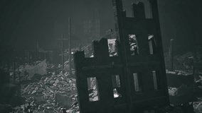 A darkened, abandoned urban area is filled with debris and crumbling structures. The remnants of buildings stand out against the atmospheric shadows, evoking a sense of loss and desolation. - Powered by Shutterstock - Get 15% off with code: PIKWIZARD15