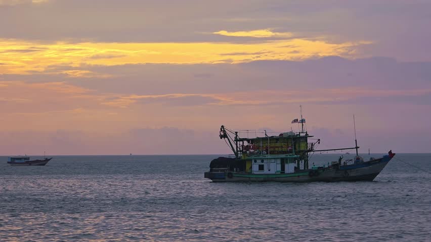 Fishing Boats In Kota Kinabalu, Malaysia At Sunset - Static Shot