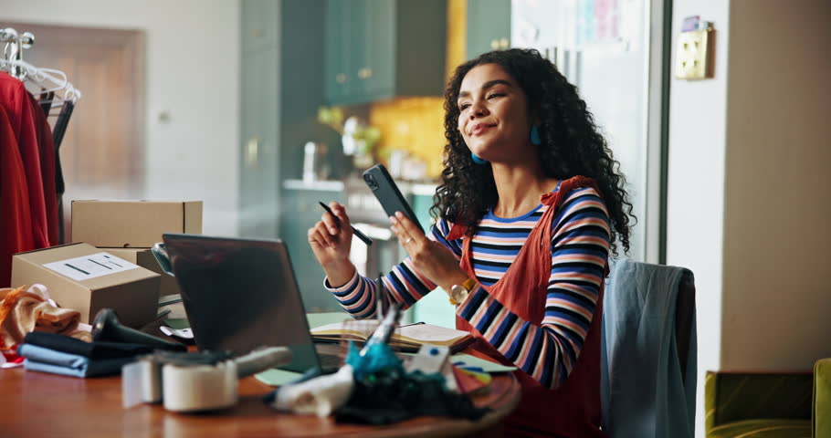 Woman, fashion or phone call for delivery, small business or logistics with e commerce inventory. Clothes designer, order or seller talking with technology for customer support, courier or sales