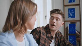 Sweet couple flirting kitchen in morning closeup. Laughing man talk happy wife enjoying time together at home. Relaxed romantic spouses having fun speaking during breakfast. Affectionate relationship - Powered by Shutterstock - Get 15% off with code: PIKWIZARD15