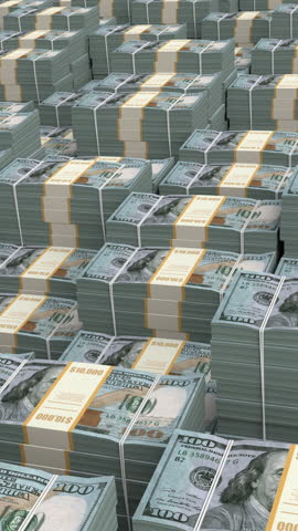 Flying over stacks of money - 3d render looped.
