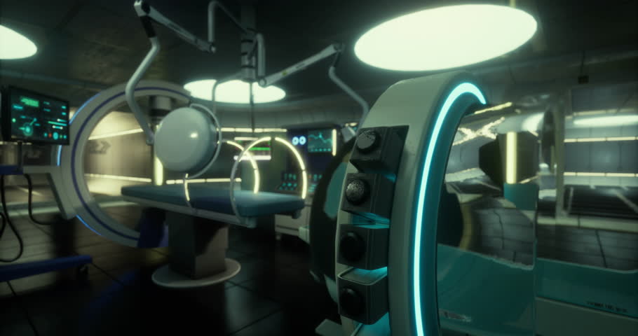 A futuristic medical facility is depicted, equipped with advanced technology for potential missions to Mars. The sleek, illuminated environment showcases tools for healthcare in space.
