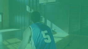 Aiming for hoop, basketball player with brain animation overlay in school gym. Sports, athletics, technology, innovation, virtual reality, gymnasium - Powered by Shutterstock - Get 15% off with code: PIKWIZARD15