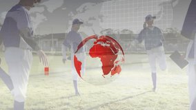 Baseball players practicing on field with global financial data animation overlay. Sports, teamwork, technology, finance, analytics, strategy - Powered by Shutterstock - Get 15% off with code: PIKWIZARD15