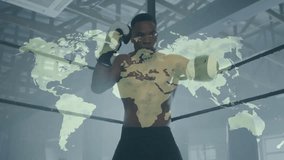 Training in gym, boxer with world map animation highlighting global connections. Athlete, fitness, boxing, globalization, network, connectivity - Powered by Shutterstock - Get 15% off with code: PIKWIZARD15