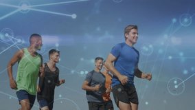 Jogging outdoors, people with network connections and data processing animation overlay. Technology, connectivity, fitness, communication - Powered by Shutterstock - Get 15% off with code: PIKWIZARD15