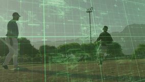 Two people playing baseball with green digital grid overlay animation. Sports, game, teamwork, dynamic, action, field - Powered by Shutterstock - Get 15% off with code: PIKWIZARD15