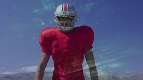 American football player holding ball with digital data processing animation overlay. Athlete, sports, technology, analysis, cyber, motion - Powered by Shutterstock - Get 15% off with code: PIKWIZARD15