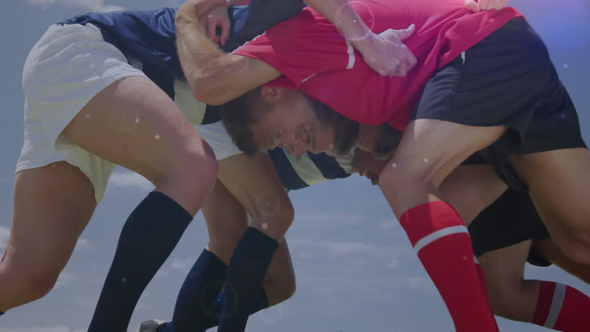 Rugby players in scrum formation over digital data processing animation. Sports, teamwork, technology, analysis, strategy - Powered by Shutterstock - Get 15% off with code: PIKWIZARD15