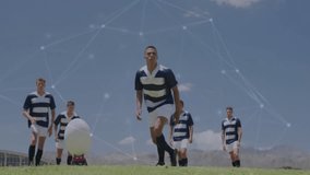 Kicking ball, soccer players in striped uniforms with network connections overlay. Football, teamwork, digital, connectivity, sports, technology - Powered by Shutterstock - Get 15% off with code: PIKWIZARD15