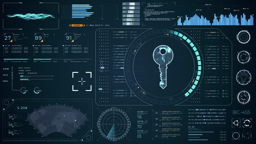 Motion graphic of Blue digital security key with head up display (HUD UI) and circuit panel futuristic abstract background network firewall technology and data secure video concepts