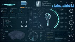 Motion graphic of Blue digital security key with head up display (HUD UI) and circuit panel futuristic abstract background network firewall technology and data secure video concepts - Powered by Shutterstock - Get 15% off with code: PIKWIZARD15