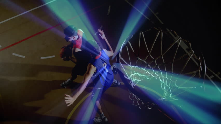Shooting basketball towards hoop, player in animation with dynamic light effects. sports, athlete, action, motion, energy, competition