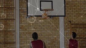 Shooting hoops, basketball players with data processing animation overlay in gym. sports, teamwork, technology, athletic, motion, dynamic - Powered by Shutterstock - Get 15% off with code: PIKWIZARD15
