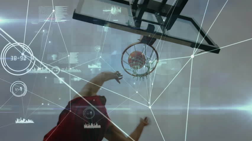Basketball hoop overlayed with digital data and animation of network connections. Technology, innovation, connectivity, futuristic, sports - Powered by Shutterstock - Get 15% off with code: PIKWIZARD15