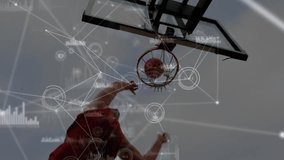 Data processing animation overlaying basketball hoop in school gym setting. Technology, sports, analytics, analysis, gymnasium, motion - Powered by Shutterstock - Get 15% off with code: PIKWIZARD15