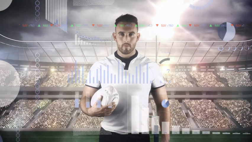 Rugby player holding ball with data processing animation over stadium background. Sports, athlete, technology, analytics, competition, visualization - Powered by Shutterstock - Get 15% off with code: PIKWIZARD15