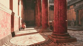 The serene interior showcases tall red columns supporting a grand ceiling. Intricate mosaic tiles cover the floor, enhanced by shadows from the warm sunlight filtering in. - Powered by Shutterstock - Get 15% off with code: PIKWIZARD15