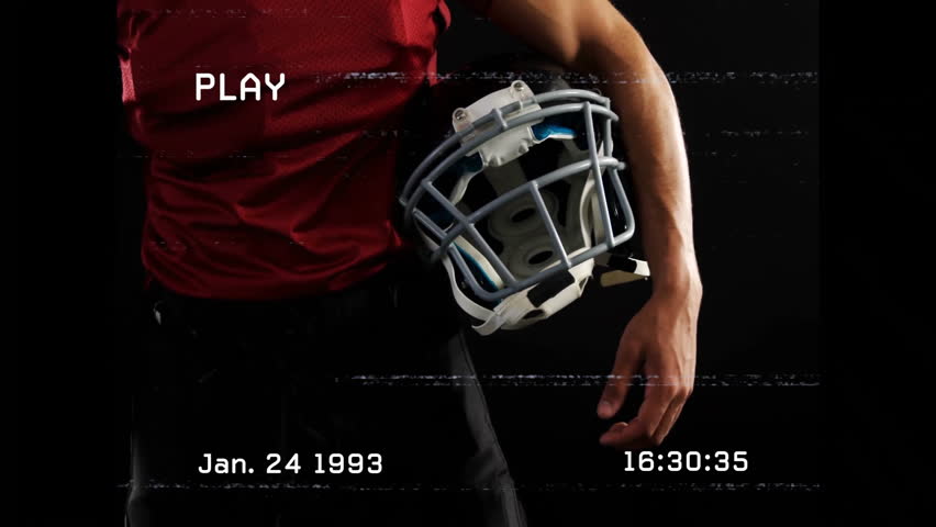 Holding helmet, football player with animation effect and vintage VHS overlay. Sports, athlete, competition, retro, glitch, digital