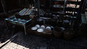 Various pots and pans neatly arranged on a table in an empty old oriental market at sunset. - Powered by Shutterstock - Get 15% off with code: PIKWIZARD15