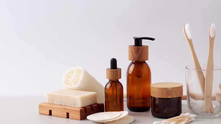 Zero waste, sustainable and eco-friendly lifestyle. Set of eco friendly natural cleaning products on white background. Close up, copy space