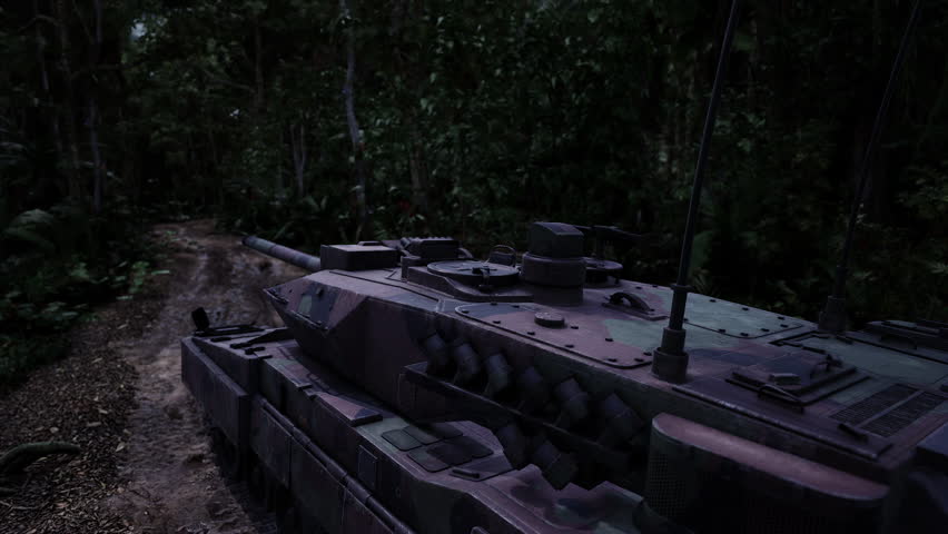 A military tank maneuvers along a rugged dirt path in a thick jungle environment, surrounded by towering trees and dense foliage, highlighting its role in challenging terrains.