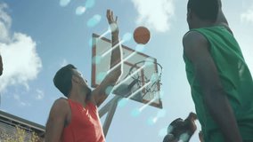 Jumping basketball players with DNA strand animation overlay in dynamic action. athletes, genetics, science, teamwork, motion, athleticism - Powered by Shutterstock - Get 15% off with code: PIKWIZARD15