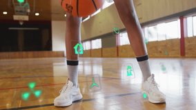 Dribbling basketball, player in gymnasium with animation of digital data icons. sports, athletic, technology, data analysis, innovation - Powered by Shutterstock - Get 15% off with code: PIKWIZARD15