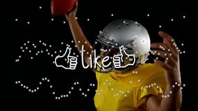 Football player throwing ball with like text and thumbs-up animation overlay. Sports, athlete, approval, motion, social media - Powered by Shutterstock - Get 15% off with code: PIKWIZARD15