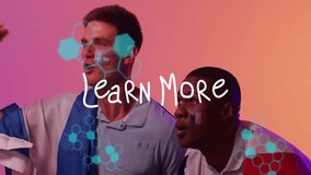 Watching animation, two people with digital graphics overlay and Learn More text. Technology, innovation, multimedia, illustration, creativity, education - Powered by Shutterstock - Get 15% off with code: PIKWIZARD15