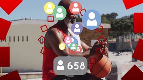 Holding basketball and phone, man with animation of social media icons and followers. networking, influencer, technology, communication, engagement, digital - Powered by Shutterstock - Get 15% off with code: PIKWIZARD15