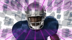 Football player in blue uniform with digital grid and cubes animation. Soccer, athlete, technology, virtual, sports, motion - Powered by Shutterstock - Get 15% off with code: PIKWIZARD15