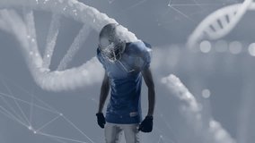Football player in blue jersey over DNA strand and network connections animation. Soccer, athlete, technology, innovation, genetics, digital - Powered by Shutterstock - Get 15% off with code: PIKWIZARD15
