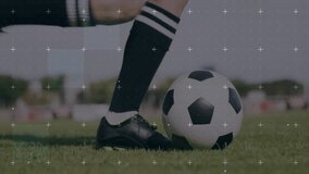 Animation of football player kicking ball on grassy field with grid overlay. Soccer, sports, athlete, motion - Powered by Shutterstock - Get 15% off with code: PIKWIZARD15