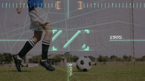 Kicking soccer ball on grassy field, animation of digital data overlay. Sports, technology, motion, virtual reality, teamwork, fitness - Powered by Shutterstock - Get 15% off with code: PIKWIZARD15