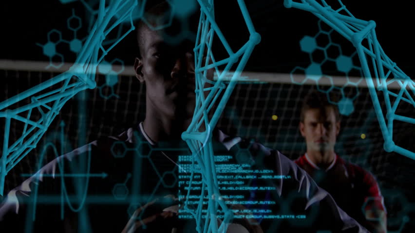 Futuristic data and network animation over soccer players on field. Technology, digital, networking, connectivity, sports, football - Powered by Shutterstock - Get 15% off with code: PIKWIZARD15