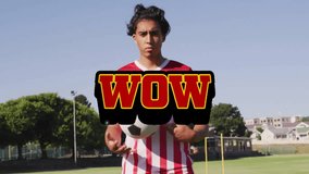 Holding soccer ball, child with bold WOW text overlay in animation style. sports, youth, playful, vibrant, energetic, fun - Powered by Shutterstock - Get 15% off with code: PIKWIZARD15