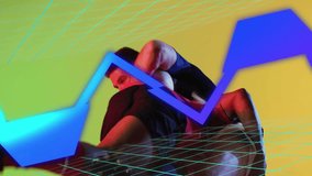 Geometric shapes animation overlaying people interacting on colorful background. Abstract, digital, graphic, vibrant, creative, dynamic - Powered by Shutterstock - Get 15% off with code: PIKWIZARD15