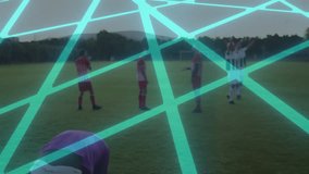 Soccer players celebrating on field with digital network lines overlay animation. Football, celebration, teamwork, technology, sportsmanship, connection - Powered by Shutterstock - Get 15% off with code: PIKWIZARD15