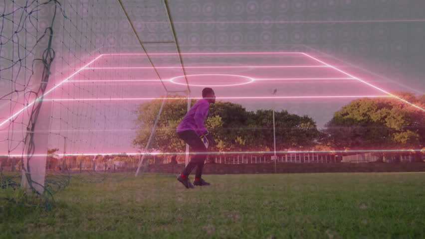 Person playing soccer with neon grid animation overlay on grassy field. digital, sports, technology, graphics, athletic, virtual - Powered by Shutterstock - Get 15% off with code: PIKWIZARD15