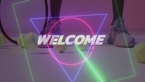 Neon WELCOME text with tennis shoes and racket over geometric shapes. Sports, abstract, vibrant, contemporary, footwear, active - Powered by Shutterstock - Get 15% off with code: PIKWIZARD15