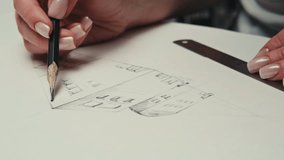 Young woman artist is drawing buildings by pencil using ruler on white paper . The designer or engineer making sketches for the projection of the building or house close-up. Drawing and sketching - Powered by Shutterstock - Get 15% off with code: PIKWIZARD15