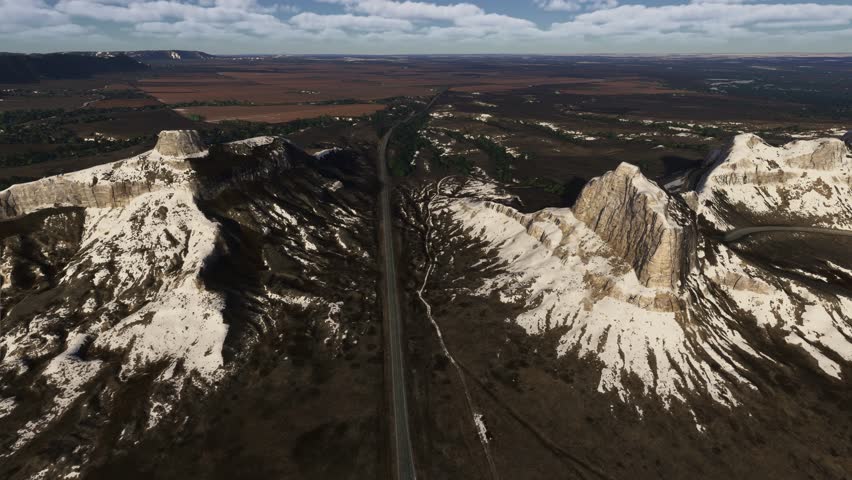 3D - Aerial drone shot of the snow in Scotts Bluff National Monument. Old Oregon Trail. Gering. Nebraska. United States
