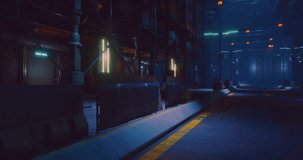 An industrial corridor features dimly lit surroundings with vivid neon lights illuminating the walls. The atmosphere feels eerie and futuristic, evoking a sense of intrigue. - Powered by Shutterstock - Get 15% off with code: PIKWIZARD15