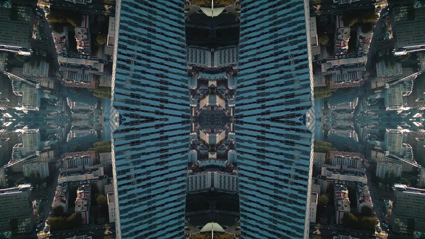 mirrored fractal effect of modern tall skyscraper building and urban city environment, symmetry glass and metal exterior, creative tech abstract background 4k, immersive geometric pov