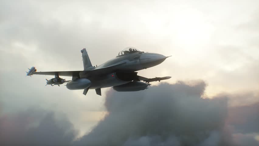 Military fighter jet flying over clouds. Air force