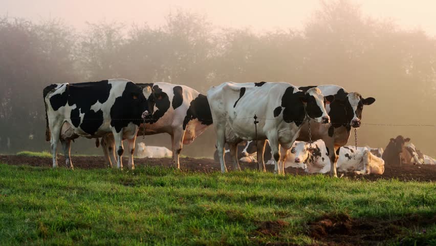 Holstein friesian dairy cows standing and lying down in misty pasture, soft sunrise light illuminating peaceful farmland landscape with grazing herd